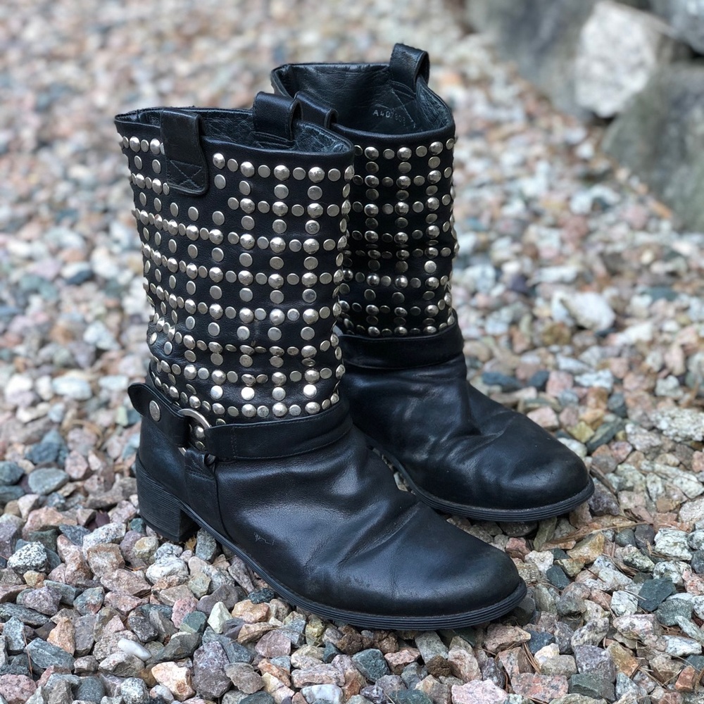 Stuart Weitzman | Black Studded Moto Leather Boots